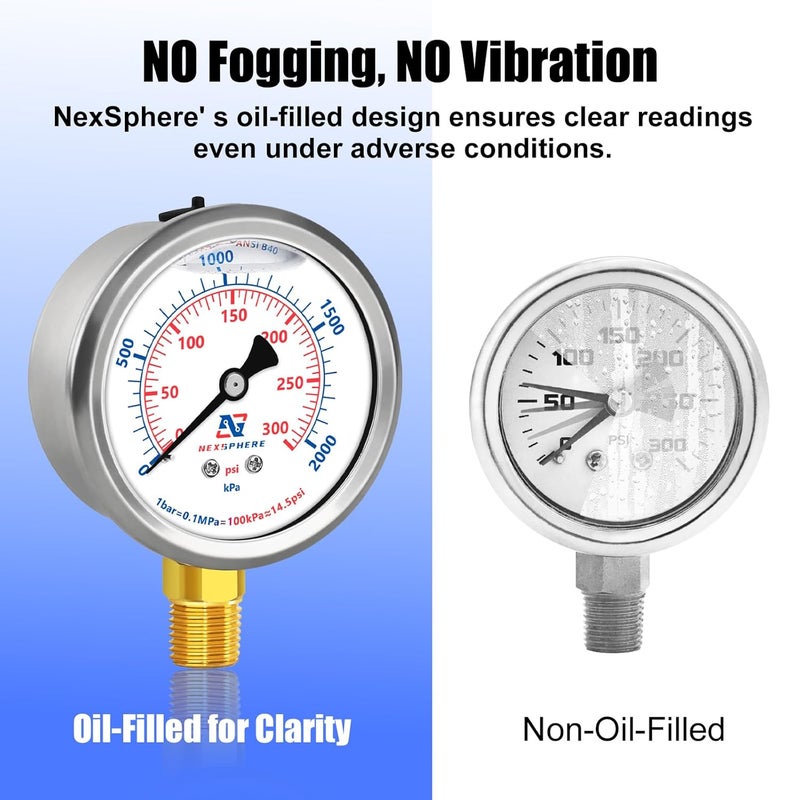 NexSphere 300 PSI Liquid Filled Pressure Gauge, 2.5" Dial, 1/4" NPT Lower Mount, 304 Stainless Steel Case, Glycerin-Filled Manometer for Air Compressor, Oil, Water, HVAC, and Gas Applications - Image 4